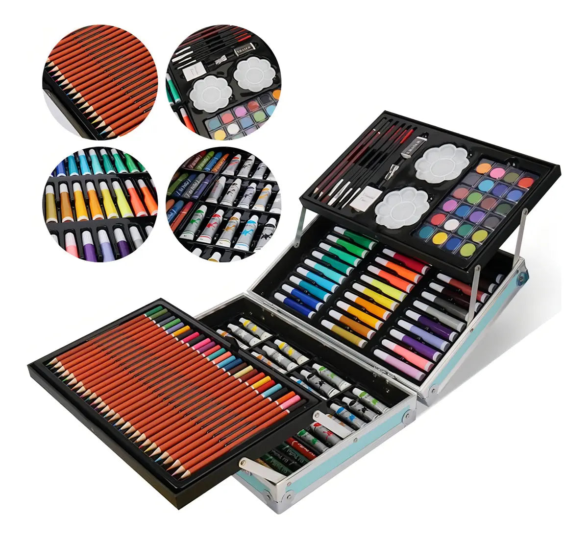 Set Kit Creativo Arte Dibujo Maleta Metálica X 208 Piezas diseño color variado